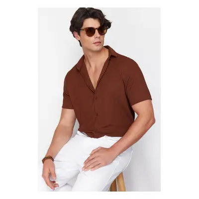 Trendyol Brown Regular Fit Short Sleeve Summer Textured Crepe Knit Shirt