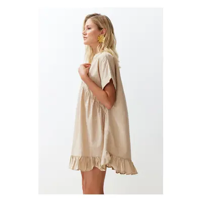 Trendyol Beige Wide Fit Mini Woven Ruffle Beach Dress