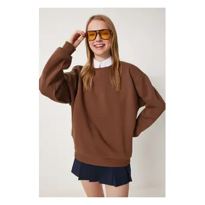 Happiness İstanbul Women's Brown Raised Basic Sweatshirt