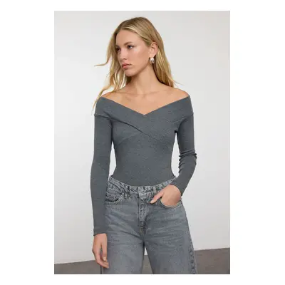 Trendyol Dark Gray Snap-On Carmen Collar Ribbed Stretchy Knitted Bodysuit