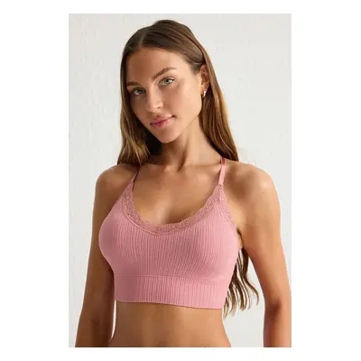 Trendyol Pale Pink Seamless Lace Detail Non-wired Cupped Bustier Knitted Bra