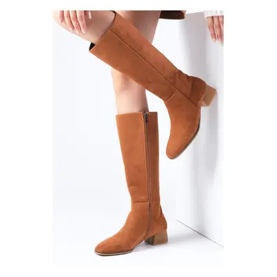 Mio Gusto Briony Tan Suede Side Zipper, Thin Faux Für Lined Blunt Toe Women's High Heel Boots