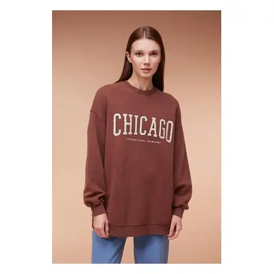 DEFACTO Crew Neck Printed Soft Fuzzy Sweatshirt Tunic