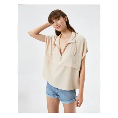 Koton Short Sleeve Blouse Half Zipper with Lace Collar