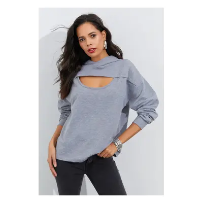 Cool & Sexy Women's Gray With Window Front Hooded Sweatshirt