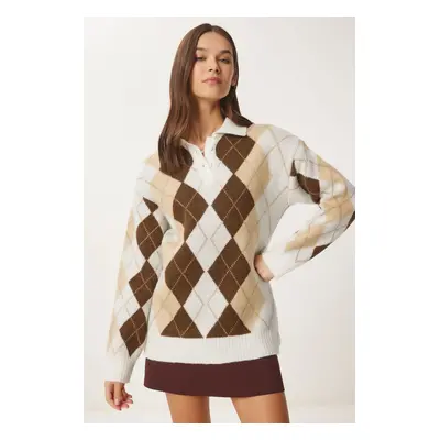 Happiness İstanbul Women's Ecru Brown Diamond Patterned Knitwear Sweater