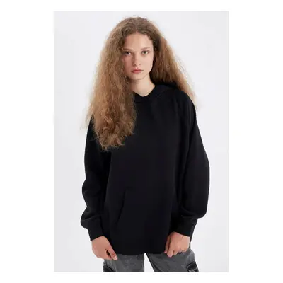 DEFACTO Oversize Wide Pattern Hooded Kangaroo Pocket Thick Basic Plain Sweatshirt