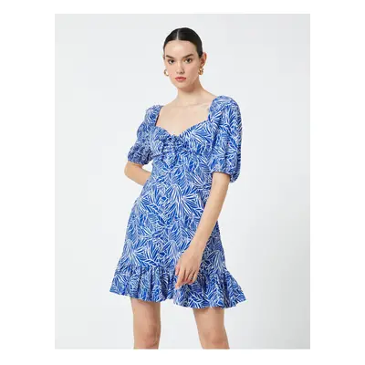 Koton Tropical Patterned Mini Dress Sweetheart Neckline