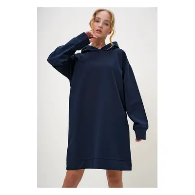 Trend Alaçatı Stili Women's Navy Blue Hooded Sweatshirt Dress