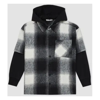 DEFACTO Boy Oversize Wide Pattern Hooded Flannel Long Sleeve Shirt