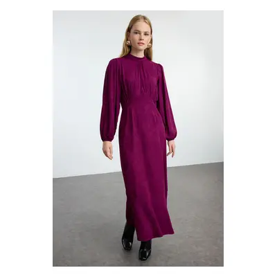 Trendyol Plum Burgundy Floral Jacquard Woven Dress with Buttoned Sleeves