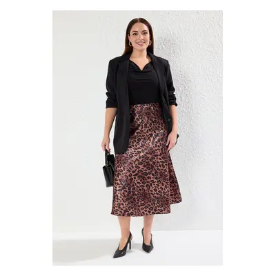 Trendyol Curve Brown Leopard/Animal Patterned Satin Woven Plus Size Skirt