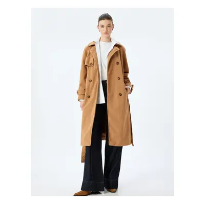 Koton Double Breasted Long Cashmere Coat with Buttoned Pocket and Belt Detail