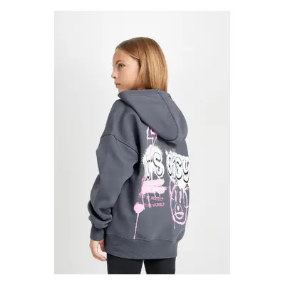 DEFACTO Girl Oversize Wide Pattern Back Printed Hooded Sweatshirt