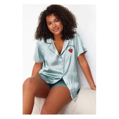 Trendyol Curve Mint Strawberry Embroidered Shirt Collar Satin Pajama Set