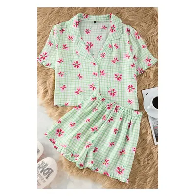 Trendyol Mint Floral Ruffle Shally Woven Pajama Set