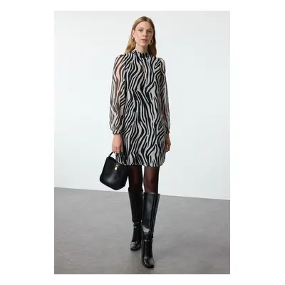 Trendyol Black Animal Patterned Straight Cut Mini Lined Woven Winter Dress