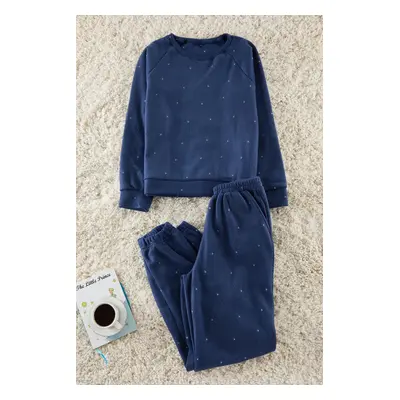 Trendyol Navy Blue Polka Dot Fleece Winter Knitted Pajamas Set