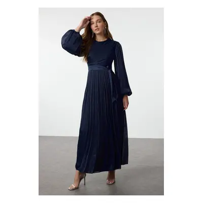 Trendyol Navy Blue Lined Sash Detailed Glitter Chiffon Evening Dress