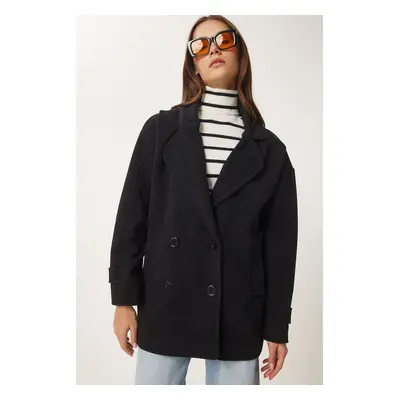 Happiness İstanbul Women's Black Double Breasted Lapel Cashmere Coat