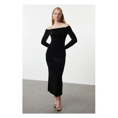 Trendyol Black Bodycon Knitted Velvet Midi Dress