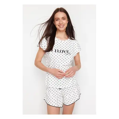 Trendyol White Cotton Polka Dot and Slogan Printed Knitted Pajamas Set