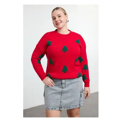 Trendyol Curve Red Embroidered New Year's Themed Knitwear Sweater