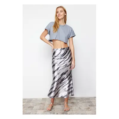 Trendyol Gray Zebra Patterned Satin Maxi Knit Skirt