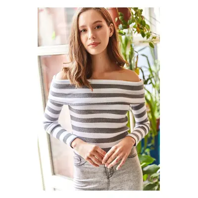 Olalook Women's Gray Madonna Collar Striped Raised Camisole Sweater