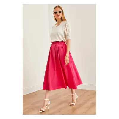 Olalook Women's Fuchsia Pocketed Elastic Waist Midi Woven Bell Skirt