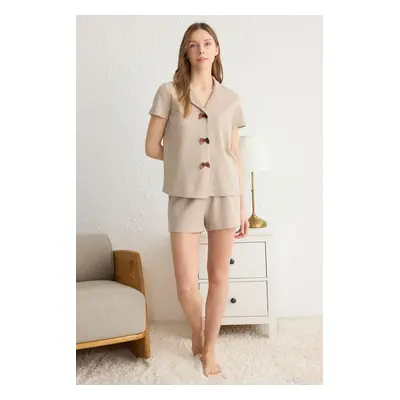 Trendyol Beige Ribbon/Bow Detail Waffle Fabric Knitted Pajama Set