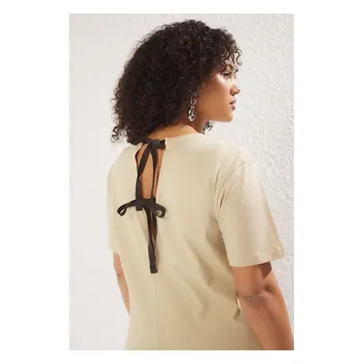 Trendyol Curve Beige Regular Fit Back Tie/Bow Detailed Knitting Plus Size T-shirt