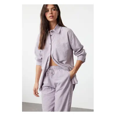 Trendyol Lilac Linen Blend Oversize Striped Shirt