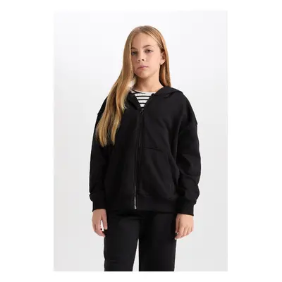 DEFACTO Girl Basic Plain Hooded Cardigan