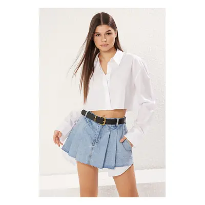 Trendyol Light Blue Pleated Regular Waist Mini Denim Shorts Skirt