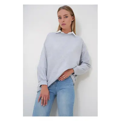 Trend Alaçatı Stili Women's Grey Melange Crew Neck Basic Oversize Long Sweatshirt