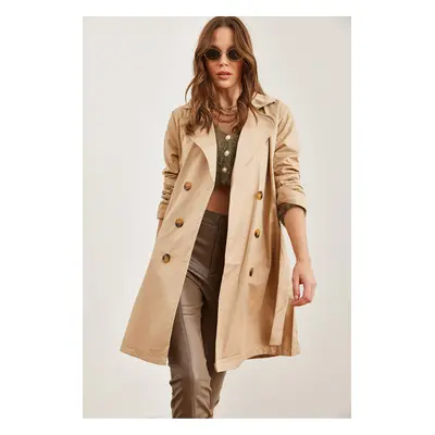 Olalook Women's Beige Buttoned Pocket Unlined Thin Trench Coat