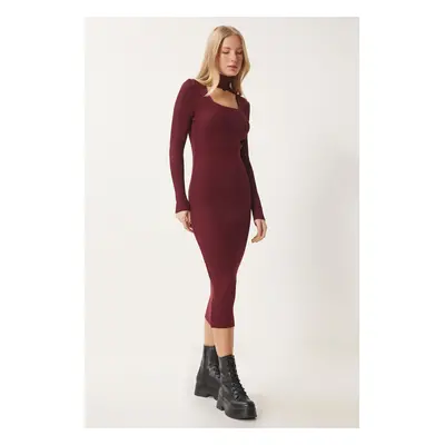 Happiness İstanbul Women's Burgundy Cut Out Detailed Stand Collar Ribbed Knit Dress