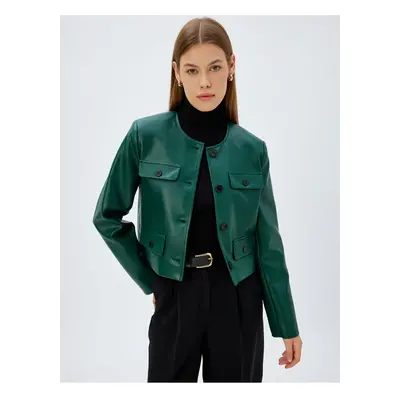 Koton Faux Leather Jacket Round Collar Flap Pocket Detail