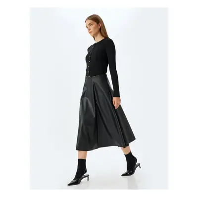 Koton X Melis Ağazat - Midi Length Faux Leather Skirt Bell Shape