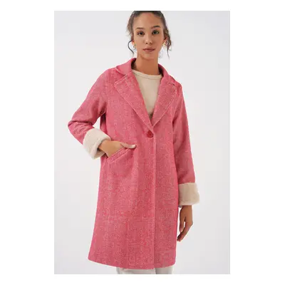 Bigdart Women's Herringbone Cashmere Coat with Feathered Sleeves - Red