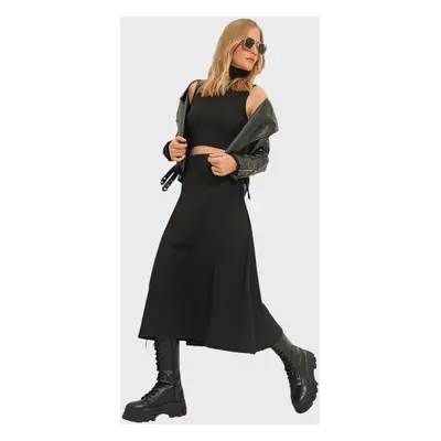 Trend Alaçatı Stili Women's Black High Waist Elastic Waist A Form Midi Length Skirt