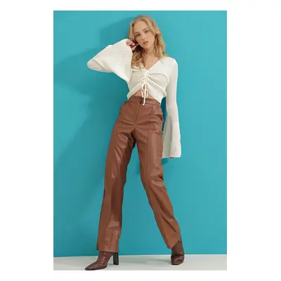 Trend Alaçatı Stili Women's Tan Faux Leather Palazzo Pants with Stitching on the Front and Doubl