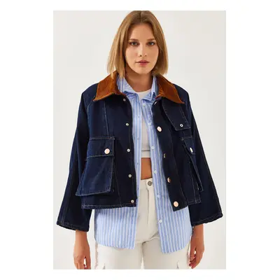 Bianco Lucci Women's Velvet Detailed Denim Jacket