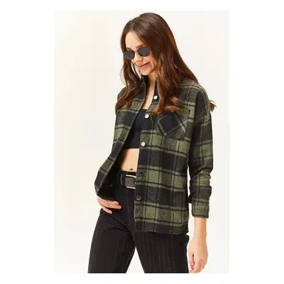 Olalook Women's Khaki Black Single Pocket Thick Plaid Lumberjack Shirt