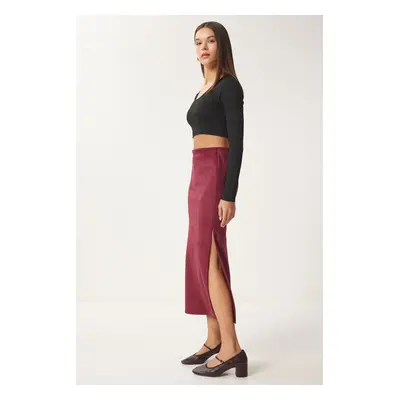 Happiness İstanbul Women's Burgundy Slit Long Suede Woven Skirt