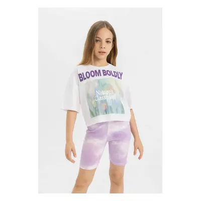 DEFACTO Girl Crew Neck Printed Short Sleeve Crop T-Shirt