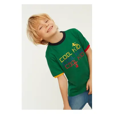 Trendyol Green Boy Color Block Slogan Patterned Crew Neck Knitted T-Shirt