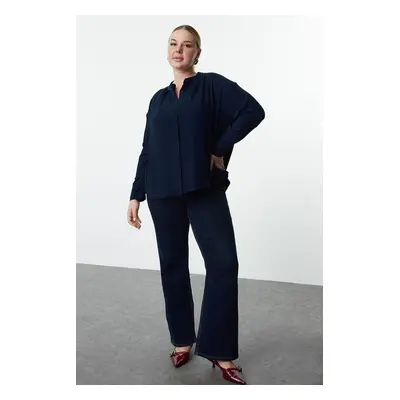 Trendyol Curve Navy Blue Woven Long Sleeve Plus Size Shirt with Side Slits