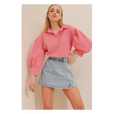 Trend Alaçatı Stili Women's Pink Balloon Sleeve Hidden Pop Up Basic Poplin Shirt